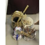 A brass coal scuttle with ornamental halberd, plus a slop bucket, ceiling light, wine cooler, plus