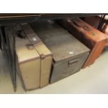 2 vintage suitcases and a steel trunk