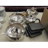 A four boxed cutlery set, quantity of loose cutlery, plus silver plate to include: trays, bowls