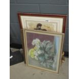 A quantity of prints, to include: portrait of a lady, stilllife of flowers, floral embroidery and