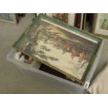 A box containing serving trays, horse brasses, loose cutlery and a cutlery canteen