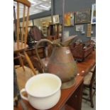 Walking stick, a Royial Winton pot and a large copper and brass jug