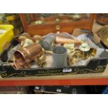 Box containing brass candlesticks, copper napkin rings, brass bells and pewter mugs