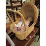 Wicker dolls crib with 3 vintage dolls