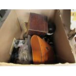 5392 - Tea caddy, home pride figures, pair of binoculars, miniture oil lamps, cartridge cases and