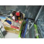 Two boxes and a tin containing children's toys, plus two narrow mirrors, loose cutlery, buttons