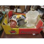 Small box of assorted items to include decorative lamps in the form of boots and wall hangings