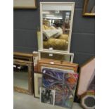 Large quantity of assorted framed mirrors, pictures and modern canvases