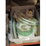 Box containing a quantity of Spode country patterned crockery, Royal Winton chintz patterned tray