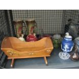 A cage containing an ornamental crib, Jasperware, Sylvac jugs, plus general crockery and glass