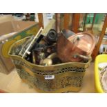 Brass log basket, 2 oak candlesticks plus a quantity of trivets, brass pestle and mortar, ornamental