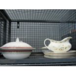 A cage containing tureens, Doulton Mandalay pattern gravy boat and crockery