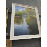 Framed oil by Wendy Park depicting lake