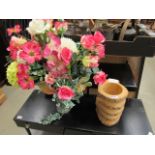 Glass vase of ornamental flowers plus a wood effect vase