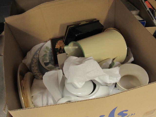 8 boxes containing cooking pots and enamelled pots, board games, hat box with candles and - Image 4 of 4