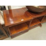 A pair of reproduction yew lamp tables with second tier and drawer