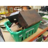 Box containing carved African mask, brass cooking pot, Bakelite ashtrays, copper kettle plus general