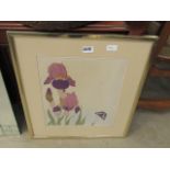 5332 - A framed and glazed print, irises and butterfly