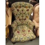 Floral upholstered button back easy chair