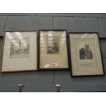 Three engravings, cathedral, sailing ship and Duke of York's column