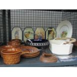 A cage containing Tams pottery, six silver plated cheese markers, costume jewellery, tins and