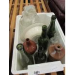 Box containing glass bottles, a demijohn and 2 terracotta bottles