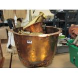 Large copper log basket plus a quantity of copper kettles and brassware