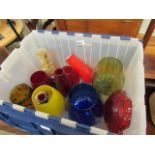 Box containing various coloured glass vases