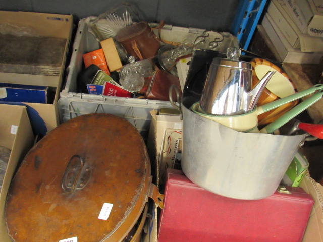8 boxes containing cooking pots and enamelled pots, board games, hat box with candles and - Image 2 of 4