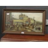 Wooden framed painting of a city scene