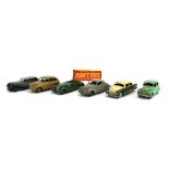 Six playworn post-war and later Dinky cars including a Lincoln Zephyr, a Lagonda and others,