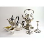A quantity of silver plated items including a spirit kettle and stand,