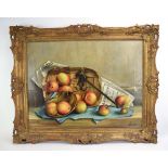 Angelo Pellanda, Fallen scales and apples, signed, oil on canvas 47 x 62 cm,