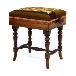 A late 19th century rosewood and embroidered adjustable stool with turned supports and a cross