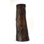 A Meiji bamboo stick stand carved with a pair of heron amongst pine trees, h.