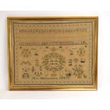 A 19th century alphabetical and pictoral sampler, dated 1872,