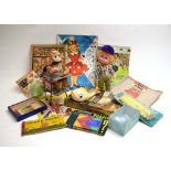 A mixed group of toys including a battery operated feeding monkey, puzzles,