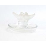 A Lalique glass ring stand modelled as a pair of love birds, etched signature to base, h.