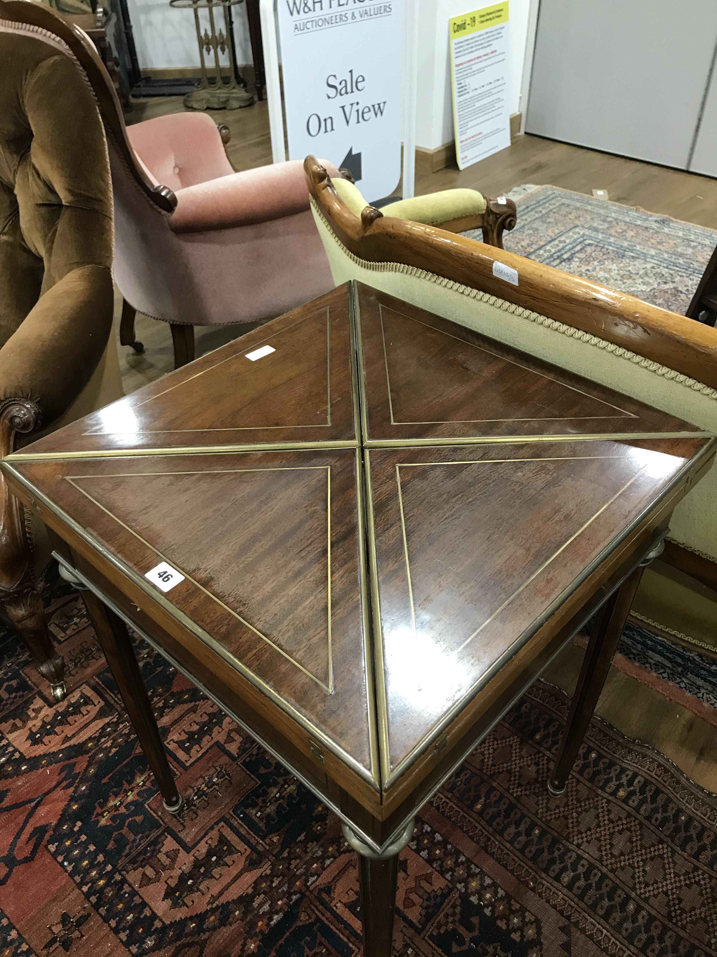 A mahogany and brass mounted envelope games table, - Image 4 of 7