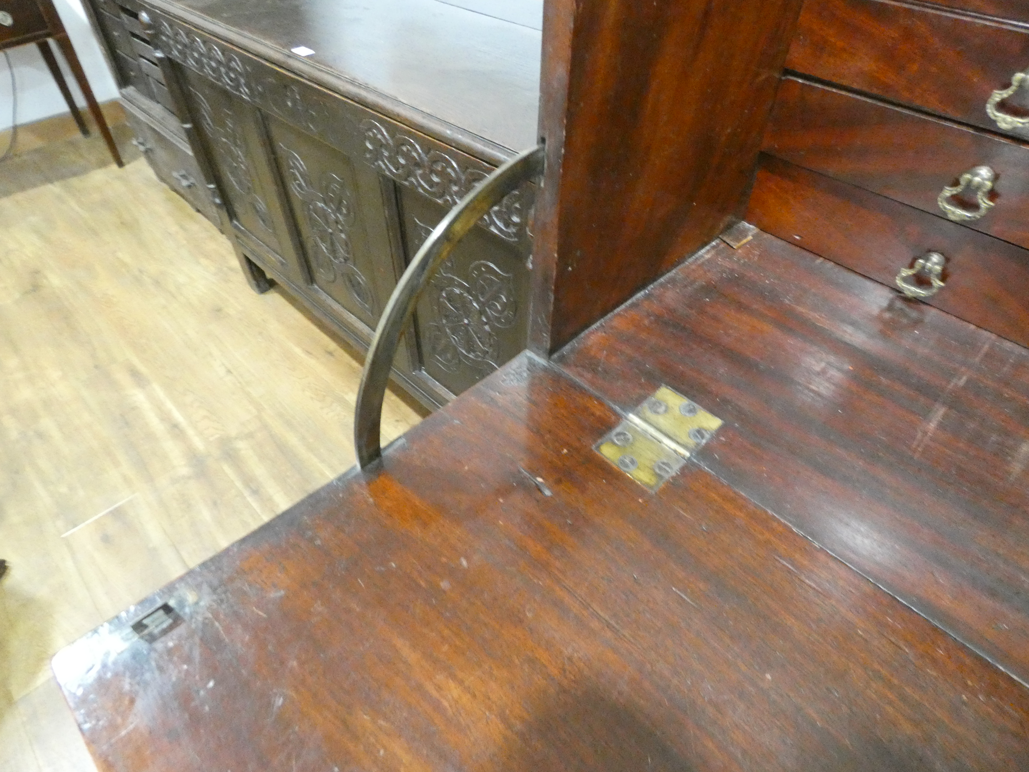 A Georgian mahogany, strung and crossbanded secretaire, the fall-front enclosing a fitted interior, - Image 6 of 28