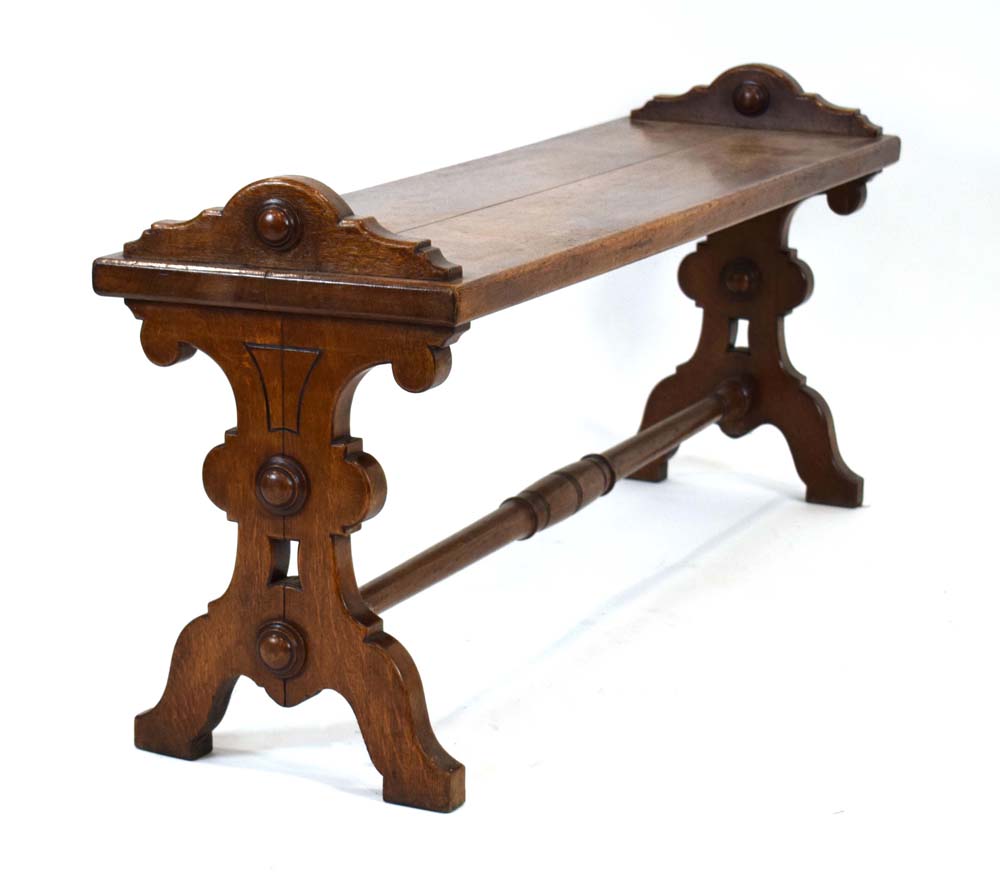 A Victorian Gothic Revival oak window seat or bench, l.