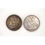 An 1891 silver crown together with an 1878 One Dollar coin