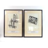 Oliver Preston: Two original tinted monochrome watercolour illustrations, together with a limerick,