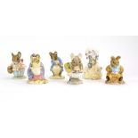 Six Royal Albert Beatrix Potter figures: Appley Dappley, Gentleman Mouse Made a Bow, Old Mr Bouncer,