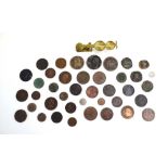 A set of brass sovereign and half sovereign scales together with a group of copper coinage