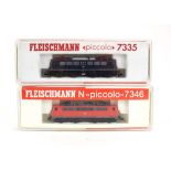 Two Fleischmann N gauge Picolo electric engines: 7335 and 7346, together with a 8147 coach,