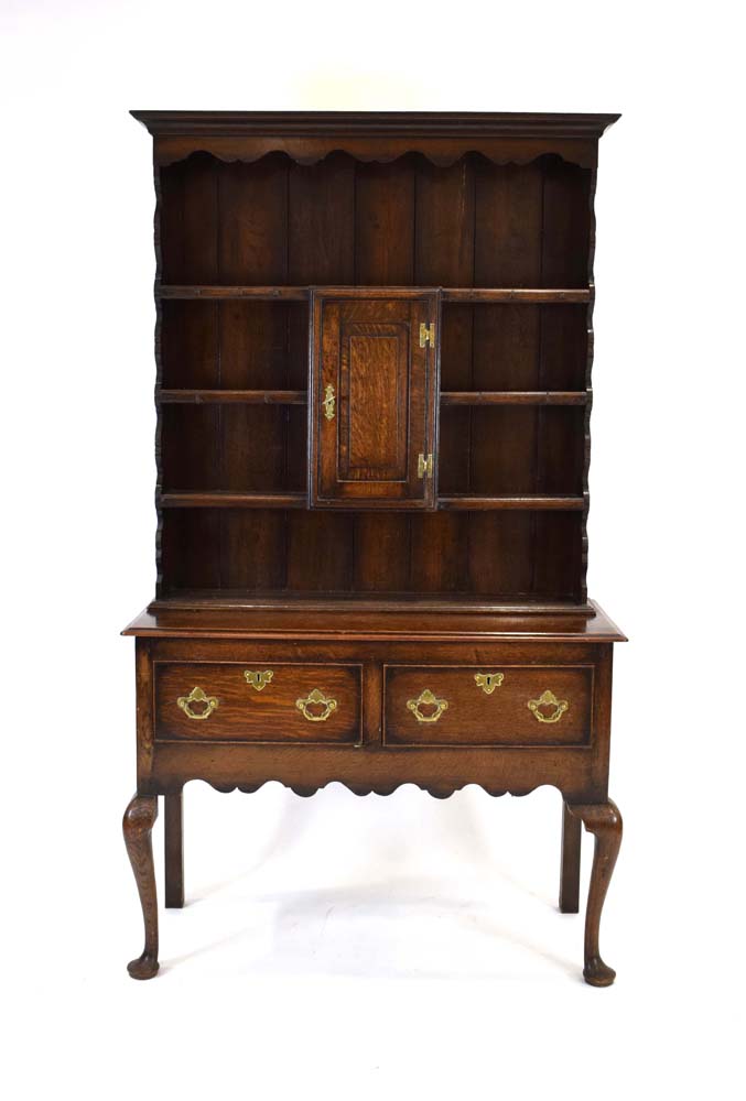 A Georgian-style oak dresser, the four-tier plate rack with a central cupboard, - Image 2 of 3