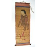 A 19th century Japanese scroll painted with a female beauty and her feline companion, image 78 x 28.