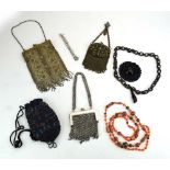 Three metalwork and sequinned bags together a beadwork necklace and a jet-type buckle