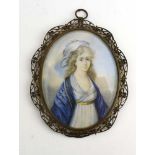 19th Century School, a half-length miniature portrait of a lady in a white dress and blue coat,
